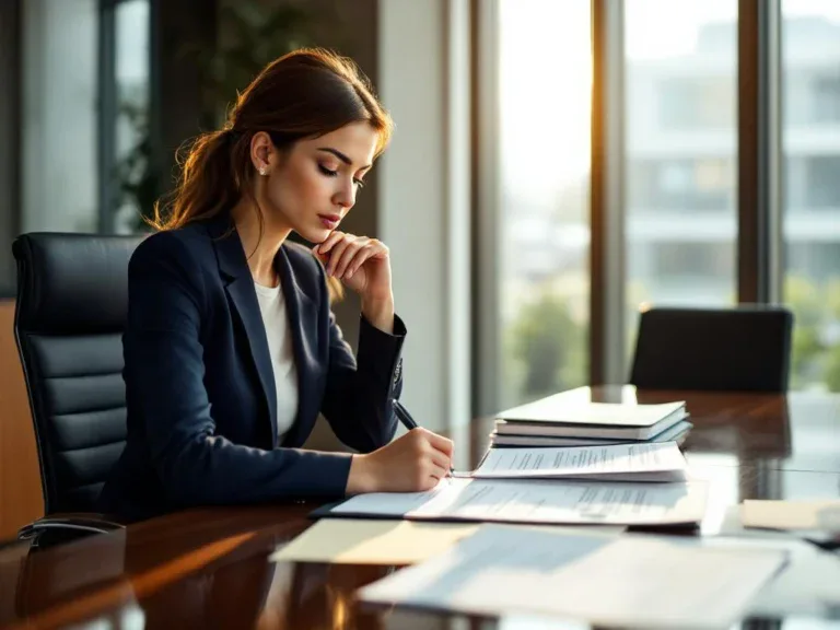 Zakenvrouw in marineblauw pak bestudeert outplacement service documenten aan conferentietafel in kantoor