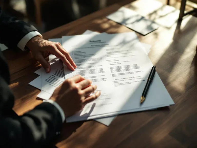 Professionele handen organiseren outplacement documenten op houten bureau met cv, aanbevelingsbrieven en contracten