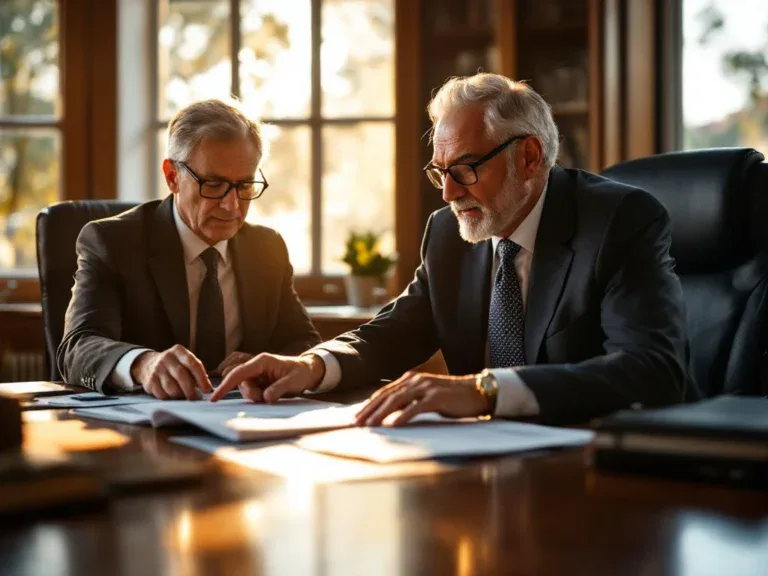 Zakenman en pensioenadviseeur bespreken pensioendocumenten aan bureau in kantoor met natuurlijk licht