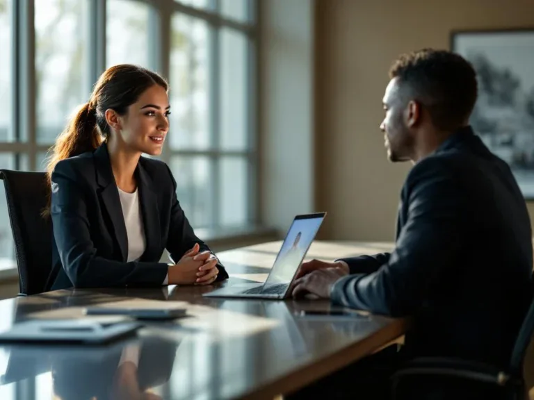 Professionele vrouw in gesprek met loopbaanadviseur aan conferentietafel met laptop voor videogesprek