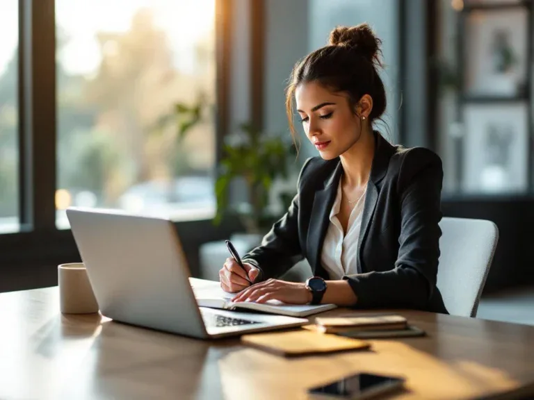 Professionele vrouw in zakelijke kleding schrijft in notitieboek aan moderne vergadertafel met laptop en carrièremateriaal