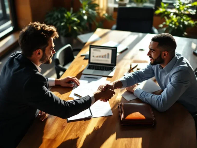 Zakelijke consultant en werkzoeker in gesprek aan vergadertafel met laptop, cv's en portfolio in kantooromgeving