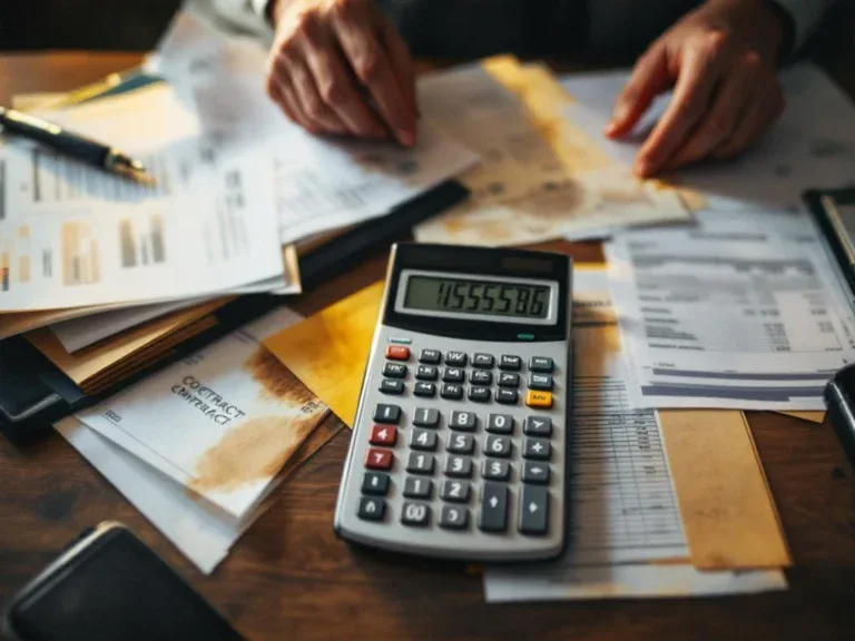 Zakenman's bureau met rekenmachine die hoge cijfers toont, verspreide facturen en contractmap, koffievlek op rapport