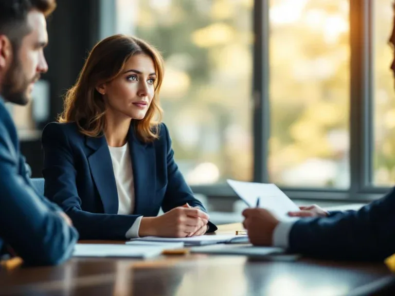 Professionele zakenvrouw in marineblauw pak adviseert twee personen aan conferentietafel in kantoor met natuurlijk licht