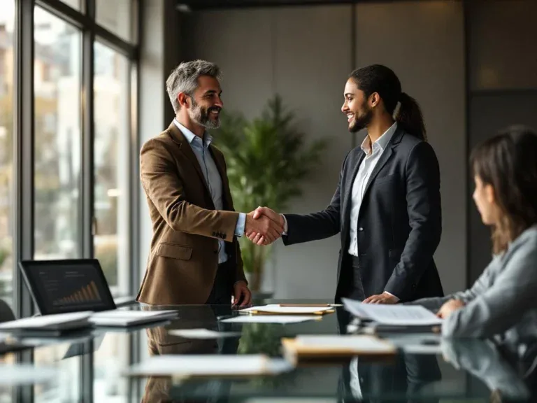 Zakelijke consultant schudt handen met werknemer aan vergadertafel met laptop en documenten in modern kantoor