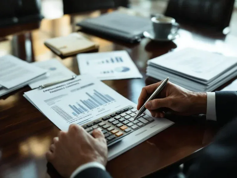 Zakelijke executive in pak analyseert financiële calculator en uitgavenspreadsheet op vergadertafel met contracten