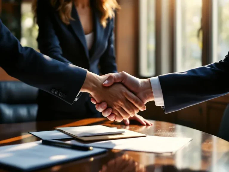 Zakenvrouw in marineblauw pak schudt handen met vertrekkende werknemer over conferentietafel met documenten