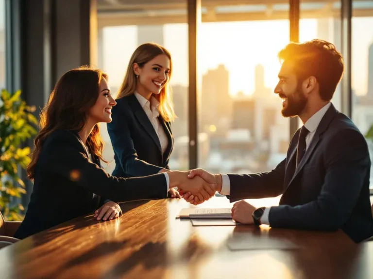 Zakenvrouw en sollicitant schudden handen over vergadertafel in modern kantoor met stadsgezicht