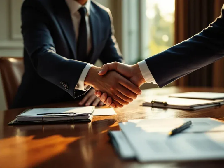 Professionele mentor en sollicitant schudden handen over conferentietafel met cv's en carrièredocumenten
