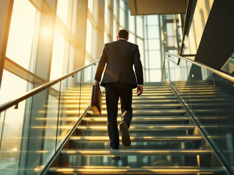 Professionele zakenvrouw loopt glazen trap op met aktetas, zonlicht door ramen, moderne kantooromgeving