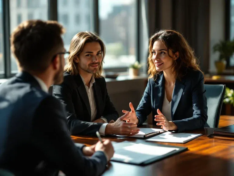 Zakenvrouw in marineblauw pak bespreekt arbeidsrechten met HR-adviseur aan conferentietafel met documenten