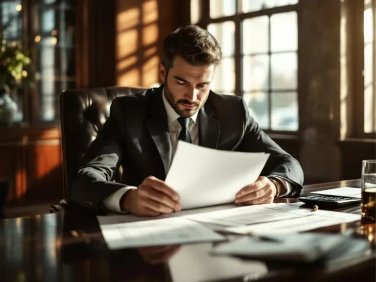 Zakenman in pak bestudeert belastingaftrekberekeningen aan mahonie bureau met rekenmachine en documenten
