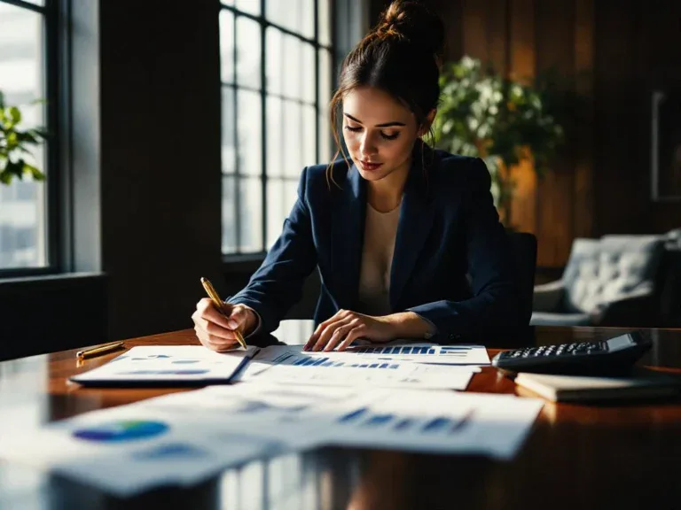 Zakenvrouw in marineblauw pak analyseert prestatiegrafieken aan conferentietafel met calculator en documenten