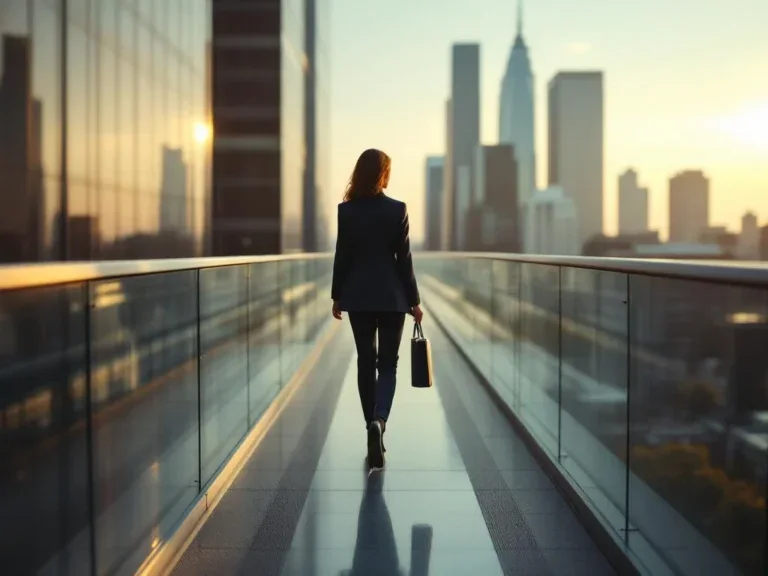 Professionele zakenvrouw in marineblauw pak loopt zelfverzekerd over moderne glazen brug tussen kantoorgebouwen
