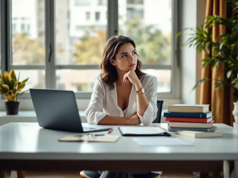 Professionele zakenvrouw overweegt carrièremogelijkheden aan bureau met laptop, boeken en adviesmap