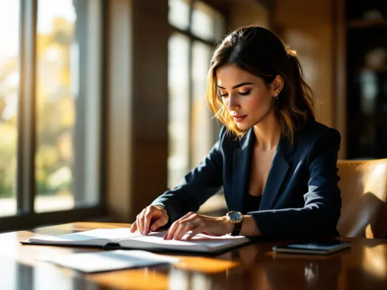 Professionele zakenvrouw in marineblauw pak controleert horloge terwijl ze carrièredocumenten bekijkt aan vergadertafel