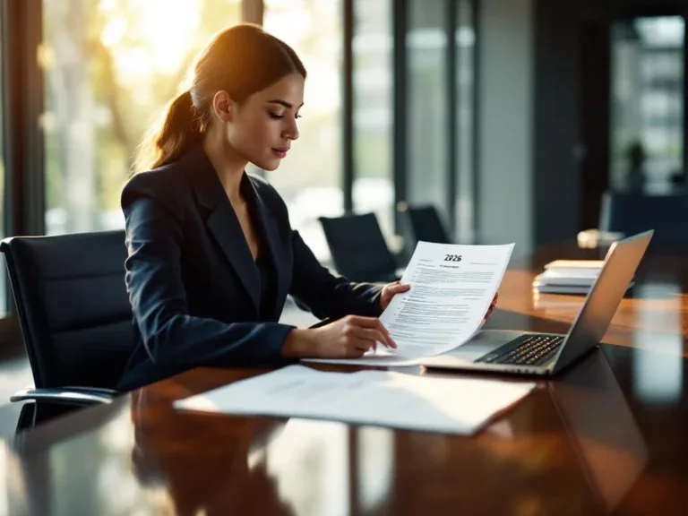 Zakenvrouw in marineblauw pak bekijkt juridisch document aan conferentietafel in modern kantoor met laptop 2026