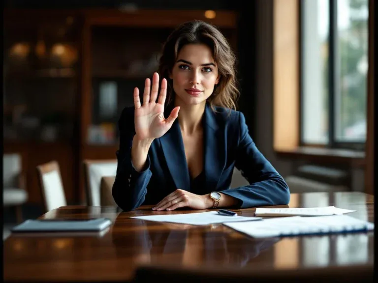 Professionele zakenvrouw in marineblauw pak maakt stopgebaar aan conferentietafel met documenten