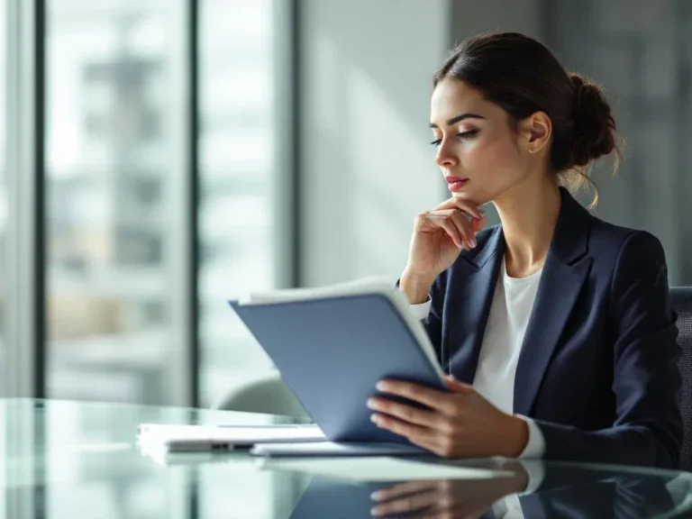 Zakenvrouw in marineblauw pak vergelijkt bedrijfsdocumenten aan glazen vergadertafel in modern kantoor