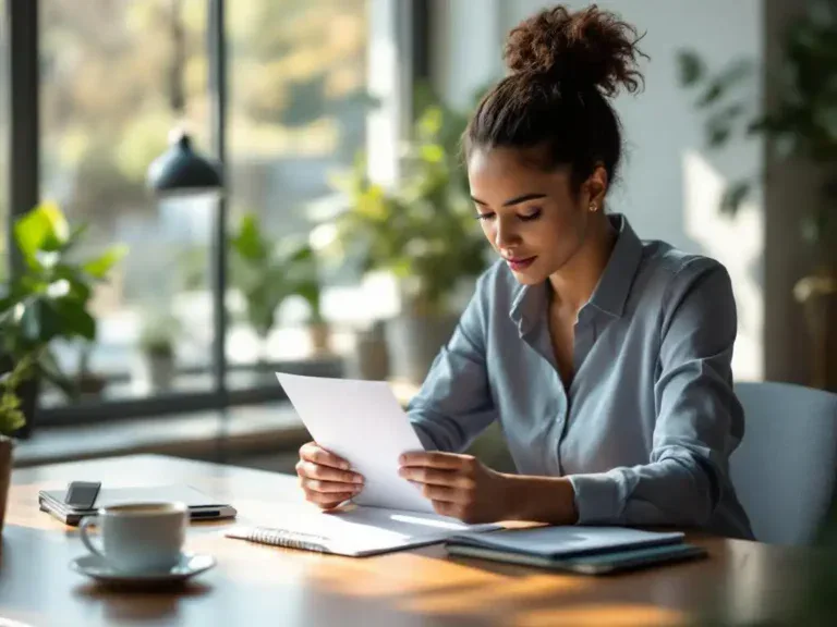Persoon sluit kalm afwijzingsbrief aan houten bureau met koffie en notitieboek, natuurlijk licht door kantoorvenster