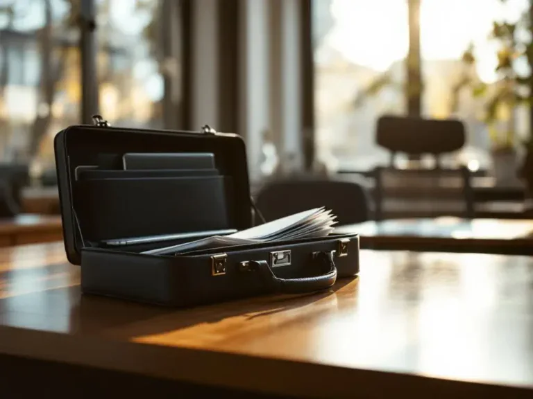 Halfopen aktetas op modern bureau met laptop en documenten, lege stoel weggeschoven, warme middagzon door ramen