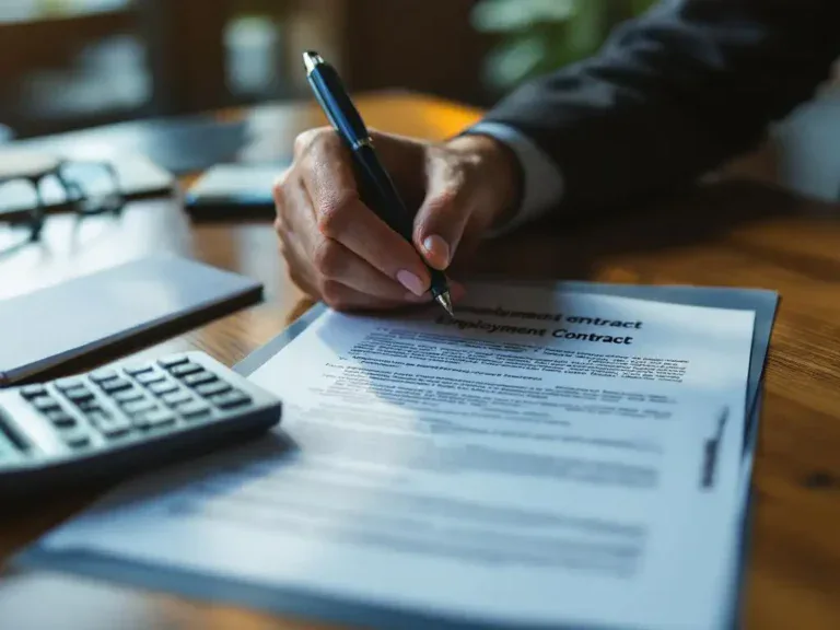 Professionele handen bestuderen arbeidscontract op houten bureau met rekenmachine en pen, natuurlijk licht