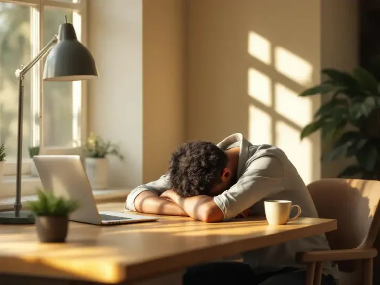 Persoon zit nadenkend aan houten bureau met hoofd in handen, laptop en koffiemok naast kleine plant in natuurlijk licht