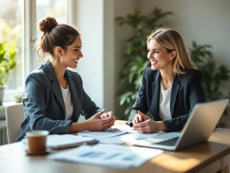 Professionele vrouw bespreekt financiële documenten met loopbaancoach aan houten bureau, laptop toont budgetoverzichten