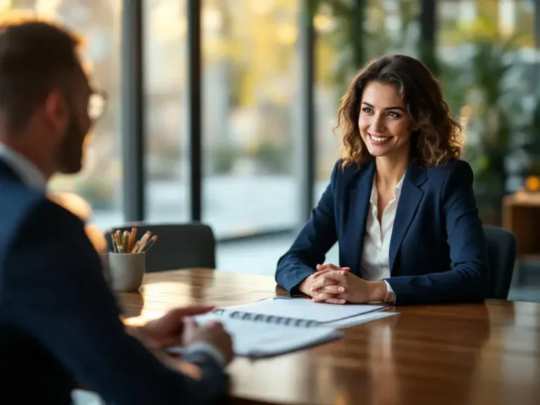 Professionele vrouw in marineblauw jasje bespreekt portfolio met carrièreadviseur aan houten vergadertafel bij raam