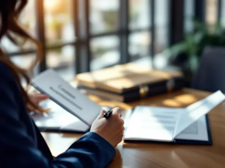 Professionele vrouw in marineblauw jasje bekijkt carrièreassessment documenten en sollicitatiematerialen aan eiken bureau