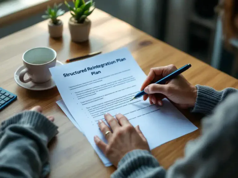 Carrièrecounselor schrijft notities op reïntegratieplan document op houten bureau met koffiekopje en vetplant
