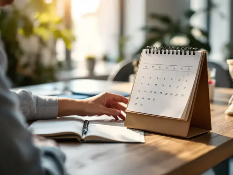 Professionele carrièreadviseur plaatst kalender op eiken bureau naast open notitieboek en zandloper in modern kantoor