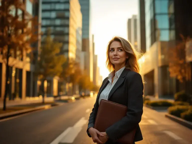 Professionele vrouw met leren portfolio staat op kruispunt tussen traditionele kantoorgebouwen en moderne glazen structuren