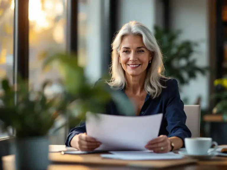 Professionele vrouw van middelbare leeftijd bekijkt carrièredocumenten aan modern bureau met koffie en plant
