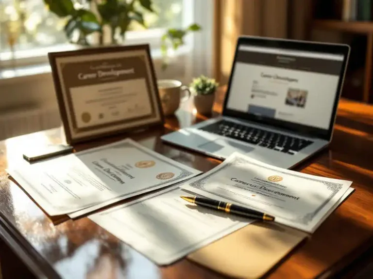 Professionele certificaten en diploma's op houten bureau met laptop en vulpen, warme natuurlijke verlichting
