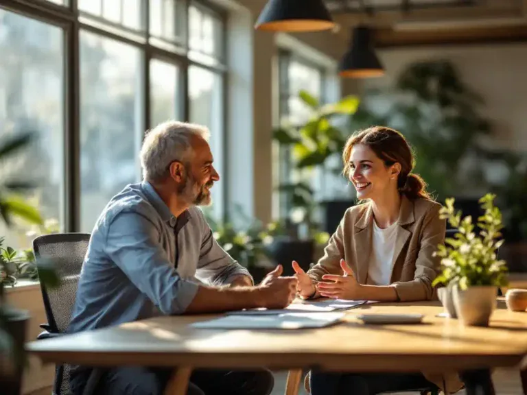 Professionele coach in gesprek met opgeluchte medewerker aan moderne bureautafel in helder Nederlands kantoor met natuurlijk licht