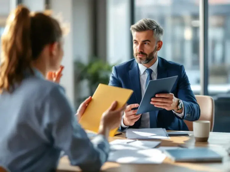 Professionele consultant toont twee gekleurde mappen aan cliënt tijdens vergadering aan moderne bureautafel