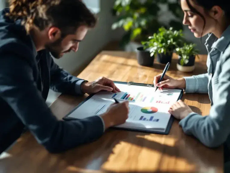 Professionele consultant en klant bespreken documenten en grafieken aan houten bureau in kantoor met natuurlijk licht
