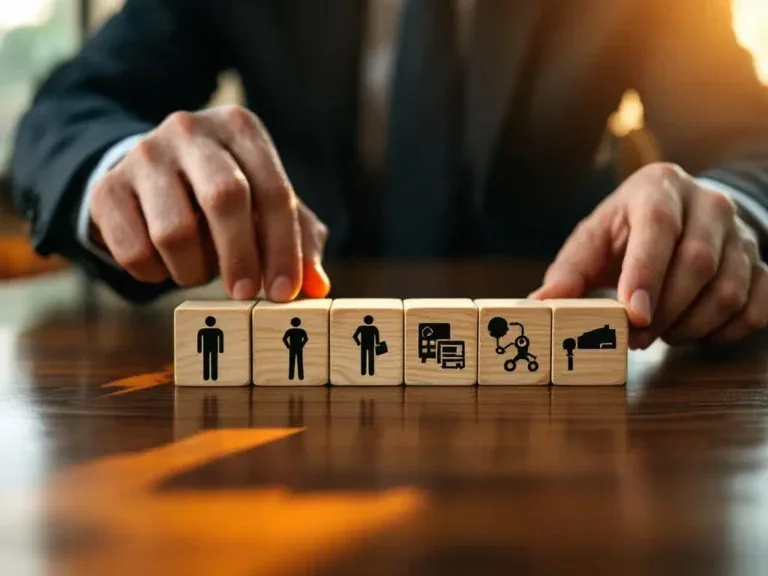 Professionele handen rangschikken houten blokken met industrie-symbolen op mahonie vergadertafel in kantoor met natuurlijk licht