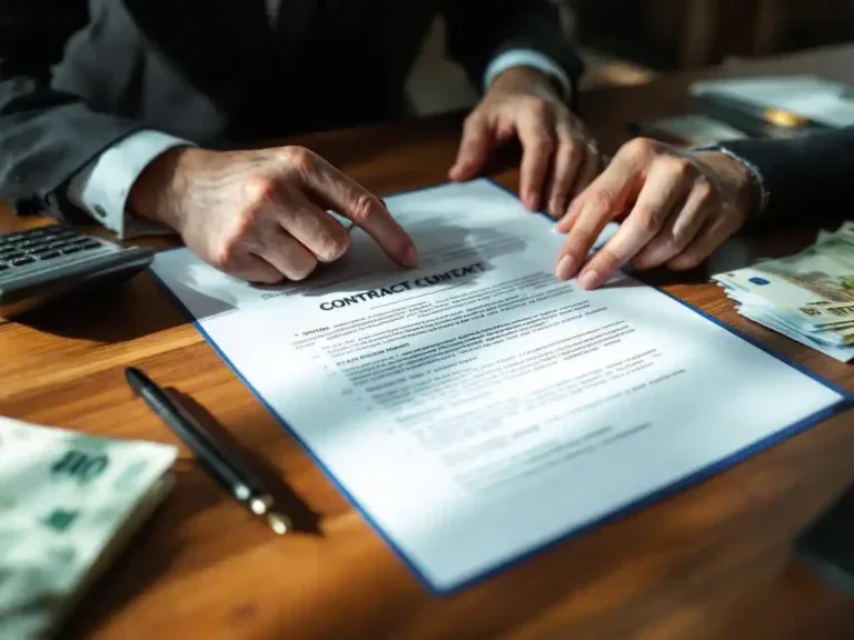 Professionele handen bekijken gedetailleerd contract op houten bureau met rekenmachine, pen en eurobiljetten