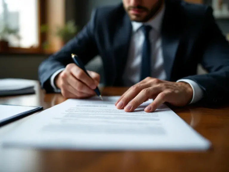 Zakenman in donker pak bestudeert juridisch contract aan houten vergadertafel, pen boven handtekeninglijn