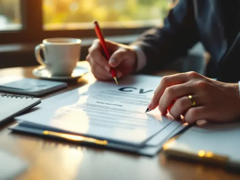 Professionele handen bewerken CV-document met rode pen op houten bureau, koffiekop en notitieblok erbij