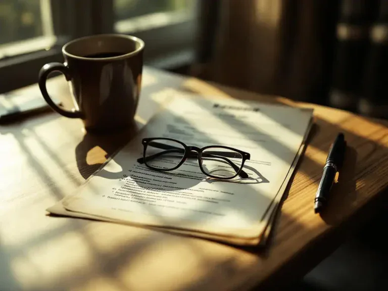 Leesbril op opengeslagen cv naast koffiekop op houten bureau met ochtendlicht