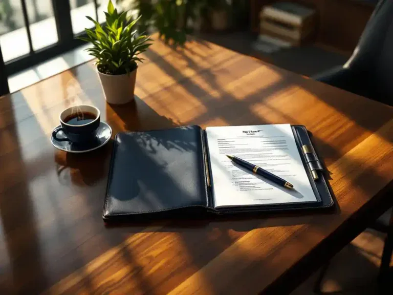 Mahonie bureau van bovenaf met open leren portfolio, cv, Mont Blanc pen, koffiekop en vetplant in warm ochtendlicht