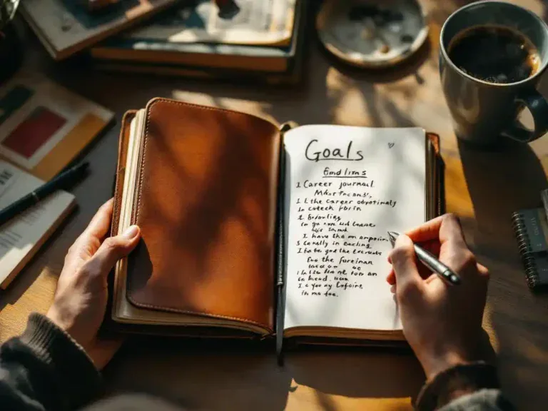 Leren dagboek met handgeschreven doelen en zilveren pen op houten bureau omringd door carrièreboeken en koffiekop