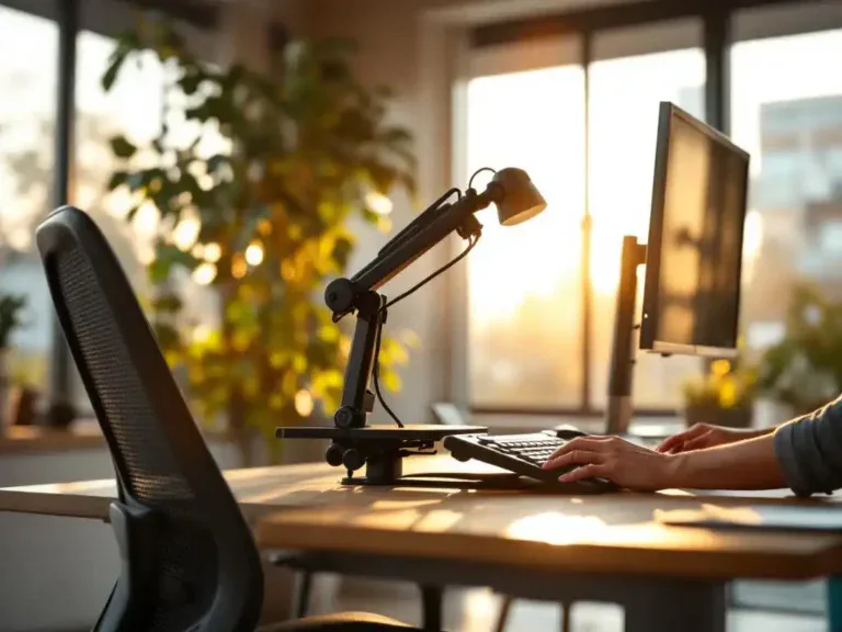 Persoon richt ergonomische werkplek in met verstelbare monitorstandaard en toetsenbord bij raam met natuurlijk licht
