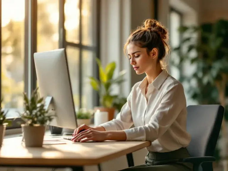Professionele vrouw strekt polsen aan ergonomisch bureau in moderne kantooromgeving met natuurlijk licht