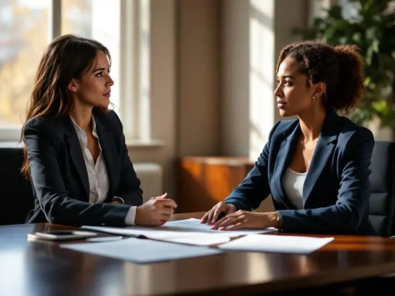 Professionele vrouw in marineblauw jasje ontvangt carrièreadvies van counselor aan houten bureau met faillissementspapieren en cv