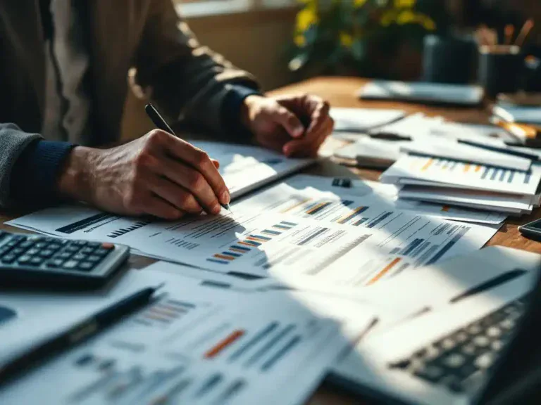Financieel adviseur bestudeert budgetdocumenten aan bureau met calculator en laptop met spreadsheets in warm kantoorlicht