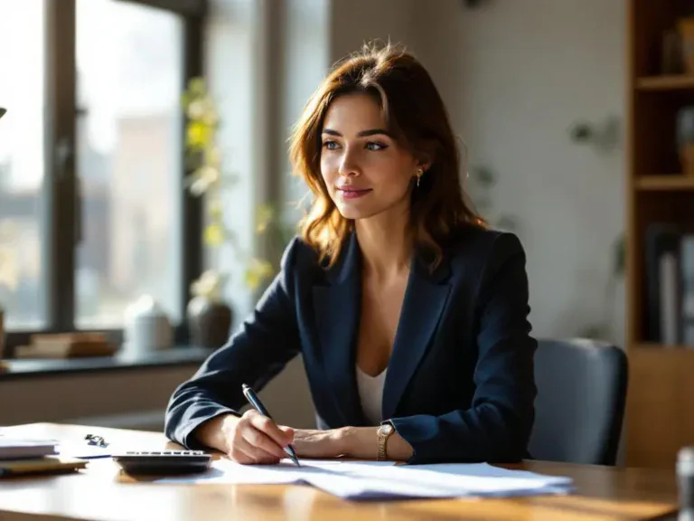Professionele vrouw in marineblauw jasje bekijkt documenten aan houten bureau met rekenmachine en pen